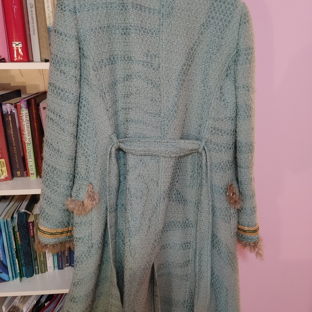 Roberto Cavalli Aqua Blue Pea Coat with Brown Fur Trim - Picture 2 of 5